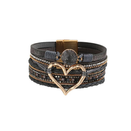 Chic Women's Multi-Color Leather Wrap Bracelet Love Heart Charms Magnetic Clasp - Aimall