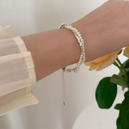 Double Layered Pearl Necklace Bracelet Set Silver Jewelry Women Fashion