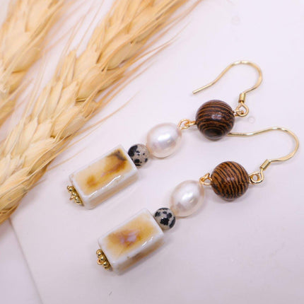 Ceramic Round Cake Earrings Wooden Bead Design Lightweight Jewellery for Women
