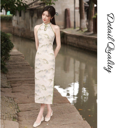 Spring Summer Silk Hemp Cheongsam Long Dress Improved Sleeveless Chinese Qipao