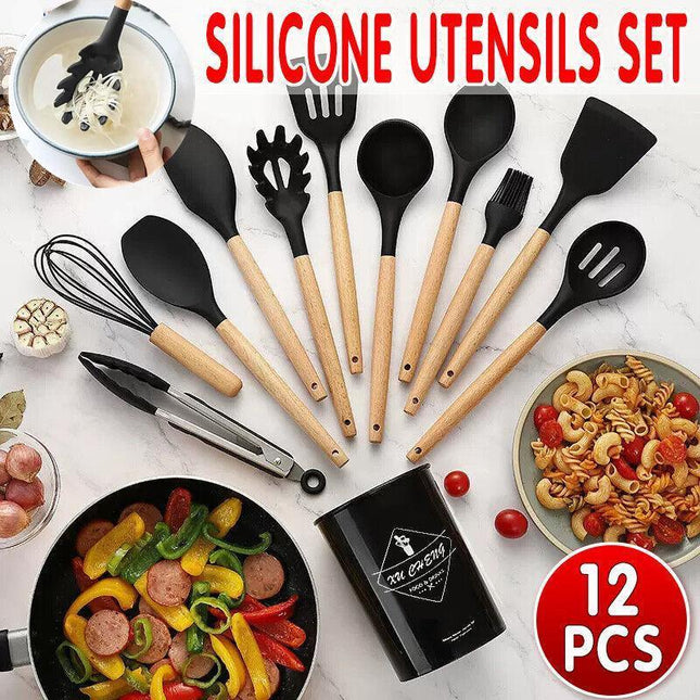 Set Of 12 Silicone Utensils Set Wooden Cooking Kitchen Baking Cookware Au  Stock Aimall