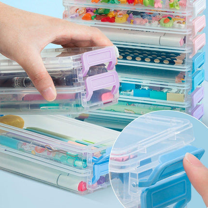 3PCS Clear Plastic Desktop Storage Box 2 Layer Holder DIY Stationery Pencil Case