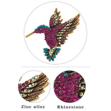 Fashion Hummingbird Brooch Pink Diamond Silver Brooch Gift Retro Style
