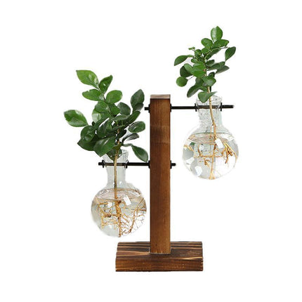 Wooden Stand Glass Flower Vase Hydroponic Hanging Plant Terrarium Container - Aimall