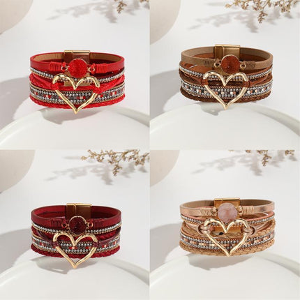 Chic Women's Multi-Color Leather Wrap Bracelet Love Heart Charms Magnetic Clasp - Aimall