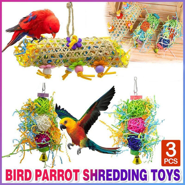 3PCS Bird Parrot Shredding Toys Chewing Foraging Hanging Cage Shredder Bell Toys - Aimall