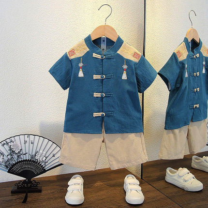 Boys Short Sleeve Suit Chinese Style Hanfu Cotton Linen Thin Two-Piece Set