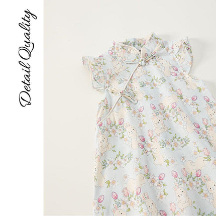 Summer Cheongsam Dresses Girl Stand Collar Flying Sleeves Dresses Rabbit Print