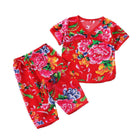Cotton Pajamas Set Boys Girls Floral Short Sleeve Top and Pants Summer Sleepwear
