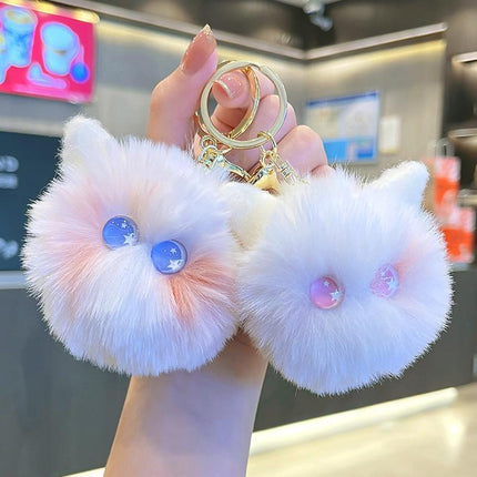 Plush Kitten Head Cartoon Keychain Rabbit Hair Pompom Keyring Bag Ornaments Gift - Aimall
