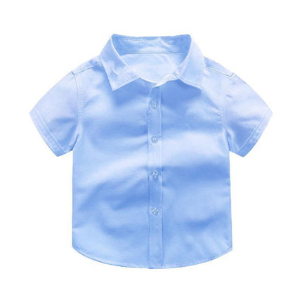 Boys Children's Kids Blue Short Sleeve School Shirt Open Neck With Lay Back Collar - Aimall