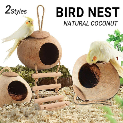 Natural Coconut Bird Nest Cage Pet Parrot Parakeet Safe Hut Feeder Shell Home - Aimall