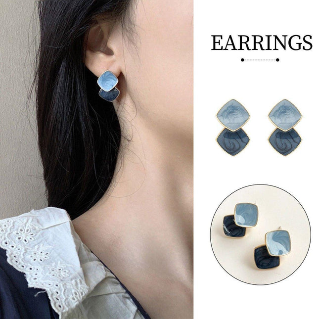 Fashion Blue Oil Drop Earrings Retro Style Black White Contrast Needle Jewellery