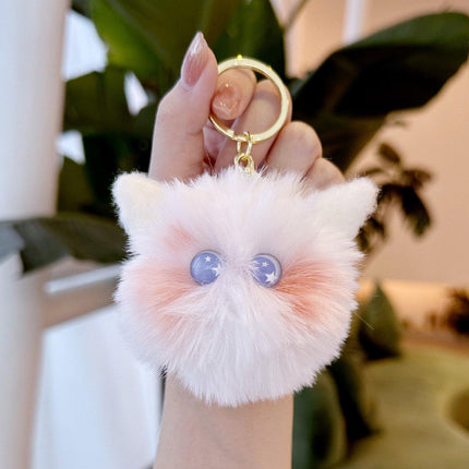 Plush Kitten Head Cartoon Keychain Rabbit Hair Pompom Keyring Bag Ornaments Gift - Aimall