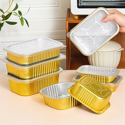 50 PCS Thickened Foil Box with Plastic Lid Rectangular Aluminum Foil