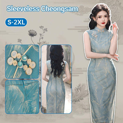 Retro Mesh Printed Double Layer Sleeveless Cheongsam Mid Length Improved Design