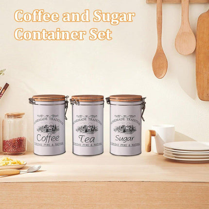 3PCS White Tinplate Coffee Tea Sugar Storage Jar Set Sealed Kitchen Counter