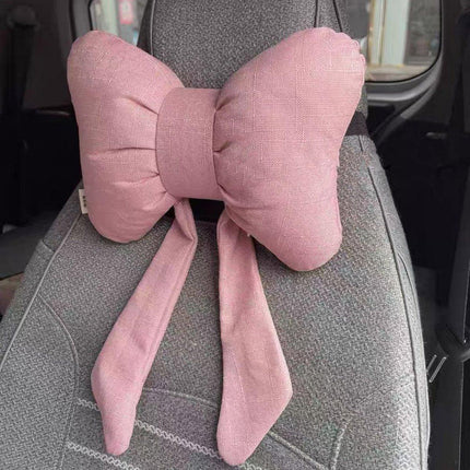Soft Car Neck Pillow Cotton Linen Ribbon Bow Headrest Cushion Support Pillow