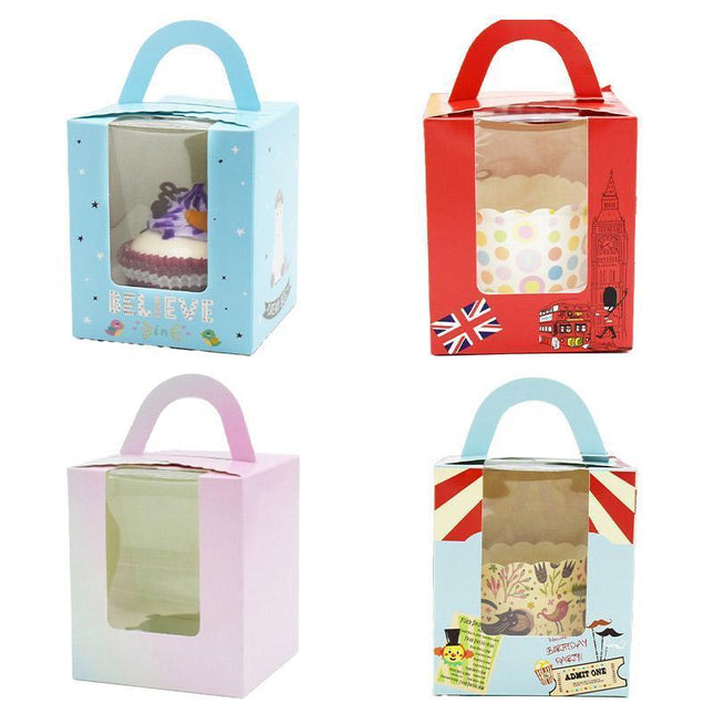 50x Assorted Color Muffin Cake Boxes with Clear Window & Handle High Quality