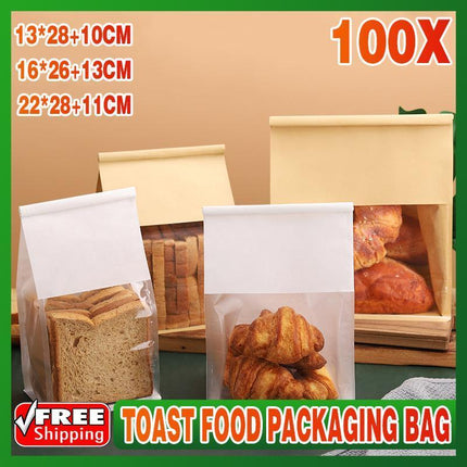 100x Kraft Paper Flat Bottom Cake Packaging Toast Bread Bags With Window White - Aimall