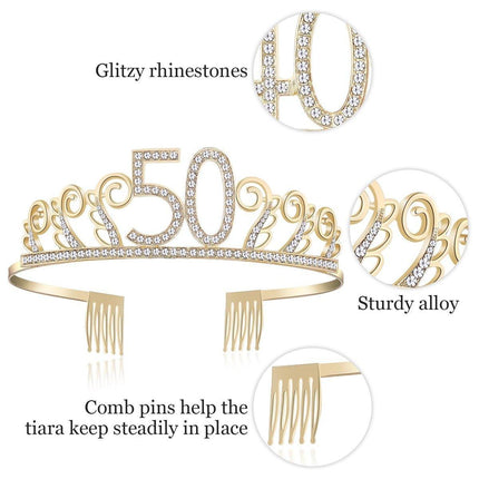 50th Birthday Gold Party Set Hairband Crown Sash Belt Ceremonial Accessory Kit