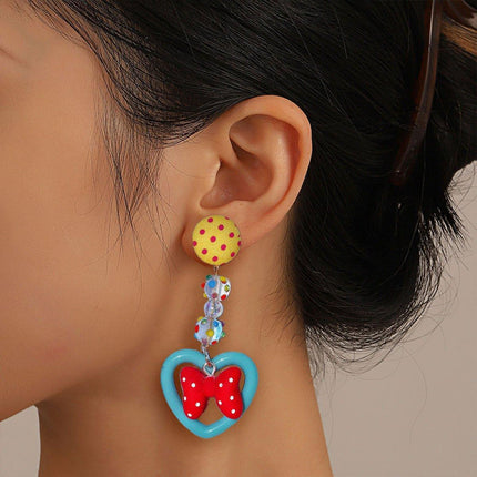 Trendy Bow Earrings Women Cute Peach Ear Clips Dotted Heart Stud Earrings