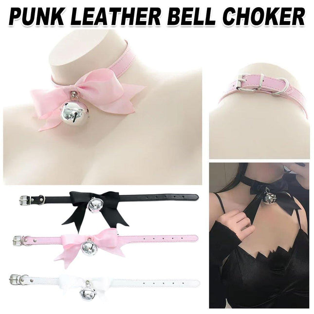 Punk Style Bow Bell Choker Adjustable Collar PU Leather Neckchain Necklace