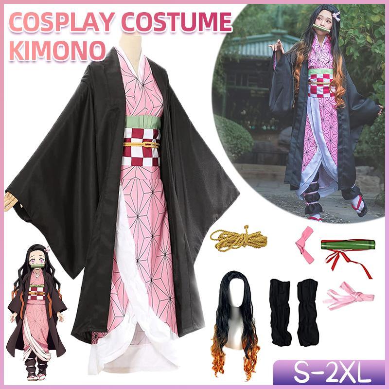 Anime Demon Slayer Kimetsu no Yaiba Kamado Nezuko Cosplay Costume Kimono  Wig AU – Aimall