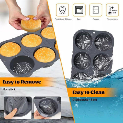 6 Cavity Silicone Hamburger Bun Pan Non Stick Burger Bread Mold Pans Baking Tool