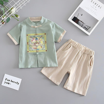 Boys Short Sleeve Suit Chinese Style Hanfu Cotton Linen Thin Two-Piece Set