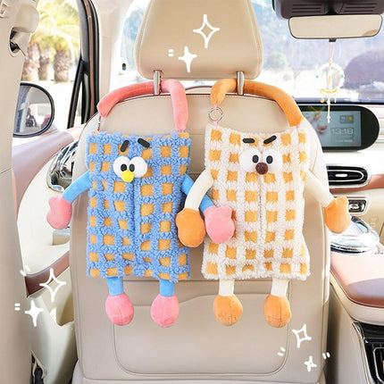 Plush Car Tissue Box Striped Plaid Seatback Hanging Tissue Holder Drawer Design