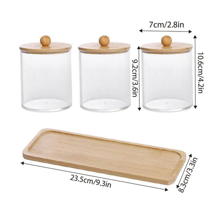 3pcs/set Cotton Swab Holder with Vanity Tray Clear Apothecary Jar Wood Lids