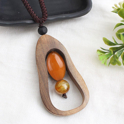 Ethnic Style Retro Long Sweater Chain Necklace with Wooden Pendant Fashion
