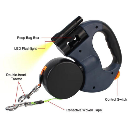 Retractable Lead Leash 360 Swivel Dual Doggie One-to-Two Traction Rope Pet Dog
