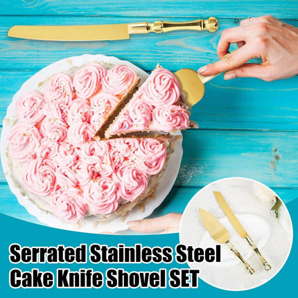 2pcs Stainless Steel Bread Knife Set Gold Serrated Cake Knife and Spatula Tool