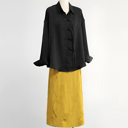 Luxury Women Jacquard Suit Chinese Style Black Shirt Fashion Skirt Set Elegant - Aimall