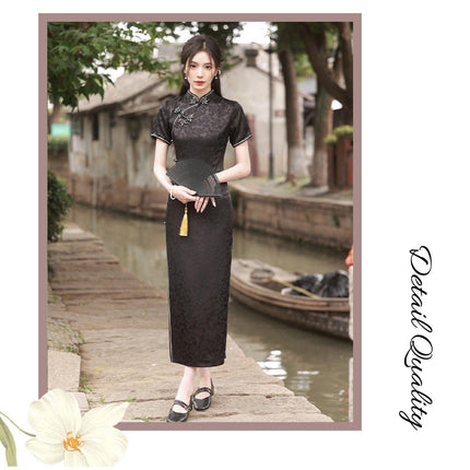 Black Cheongsam Chinese Traditional Above-Knee Dress Split Slim Standing Collar