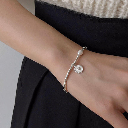S925 Silver Handmade Bamboo Link Heart and Pearl Pendant Bracelet INS Style Jewelry