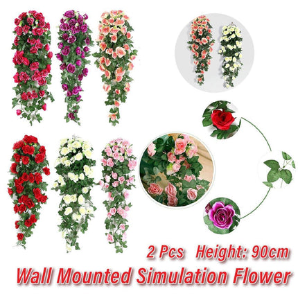 2PCS Artificial Rose Flower Garland Hanging Vine Home Wall Decor Fake Rattan
