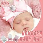 3PCS Baby Girl Knit Hat Pink Stripe Glitter Bow Newborn Pullover Warm Winter Cap