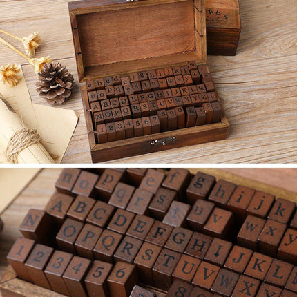 70pcs DIY Alphabet and Number Wood Rubber Stamps Set with Wooden Box Case