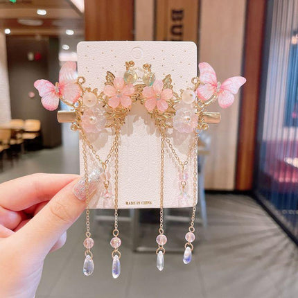 2Pcs Hanfu Flower Hair Clip Pearl Tassel Butterfly Hairpin Female/Children Party - Aimall