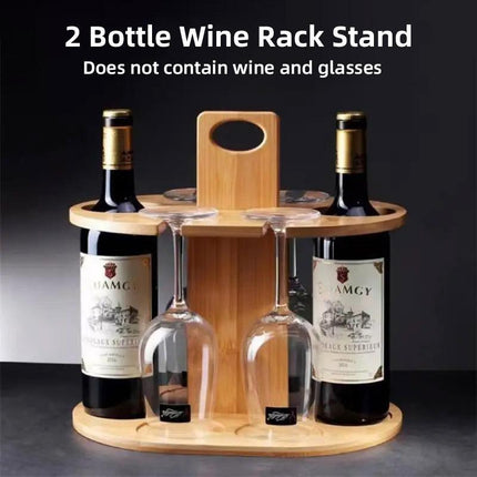Wooden Wine Rack Free Standing 2Bottles with 4Glasses Holder Bamboo Wine Storage