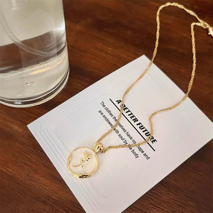 White Gold Plated Round Rose Natural Shell Pendant Necklace Pearlescent Gift - Aimall