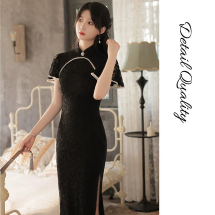 Mid-Length Lace Cheongsam Dress Retro Improved Slim-Fit Chinese Qipao Gown