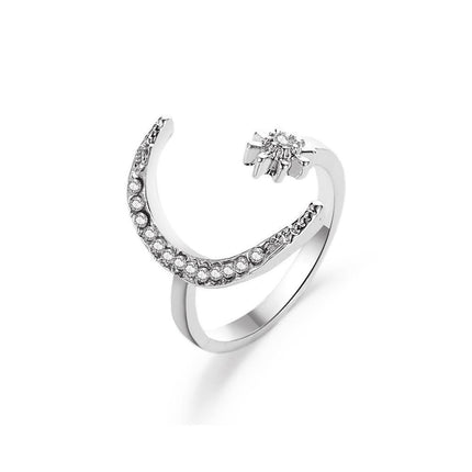 Alloy Star Moon Opening Rings Rhinestone Crescent Couple Ring Women - Aimall