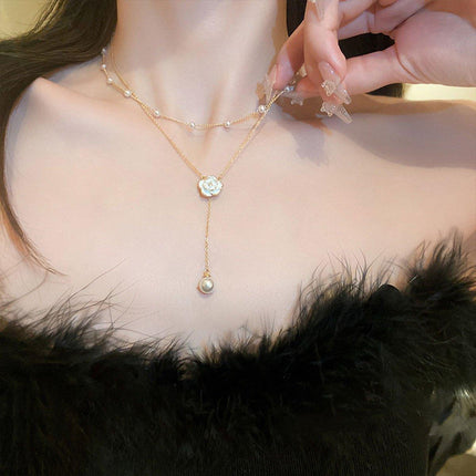 Gold Pearl Camellia Long Tassel Necklace Elegant Airy Jewelry for Women Gift