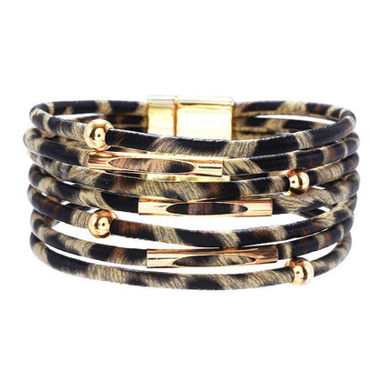 Fashion Magnetic Leather Bohemian Leopard Print Bangle Trendy New Bracelet Gift - Aimall