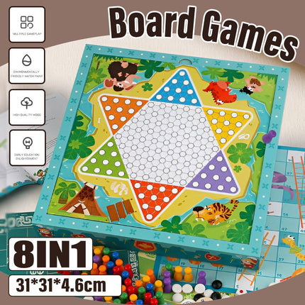 8-in-1 Board Game Set Chess Games Board Toy Backgammon Checkers Snakes Ladders - Aimall