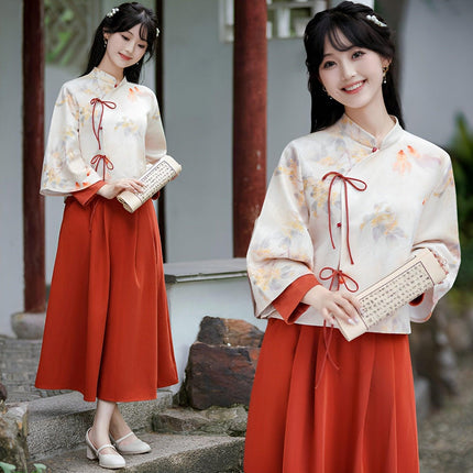 Autumn Winter New Chinese Style Cheongsam Top Women girl Fashion Improved Skirt Dress Suit - Aimall
